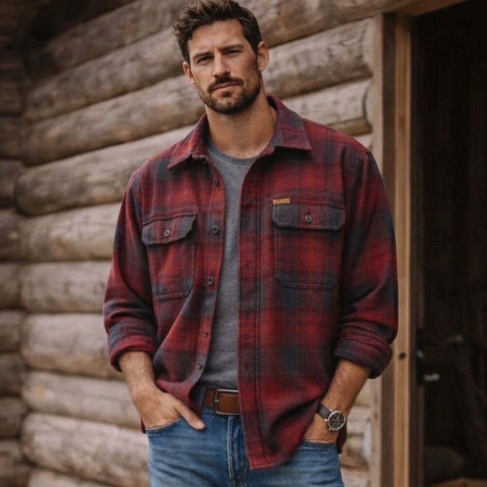 Orvis Plaid Flannel Shirt Jacket LT Large Tall Red Gray Button Heritage Shacket